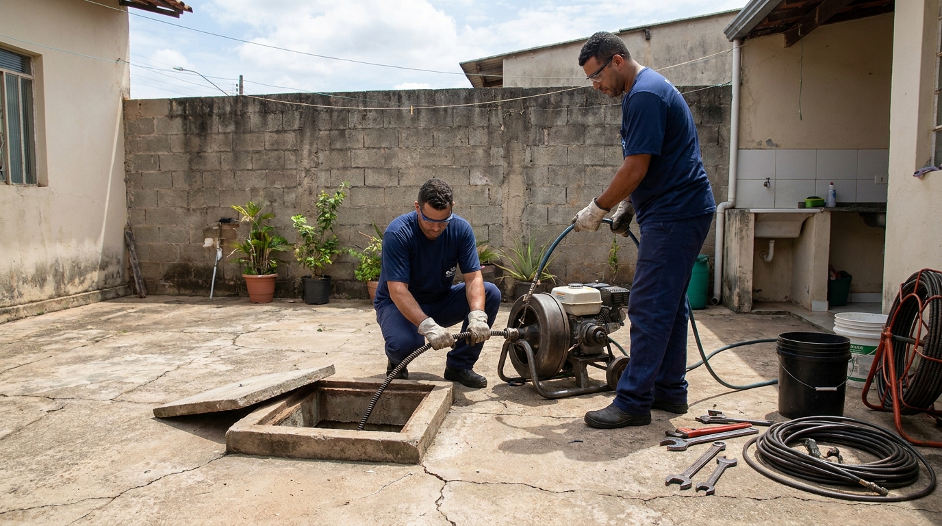 Desentupimento de esgoto residencial em Atibaia‑SP