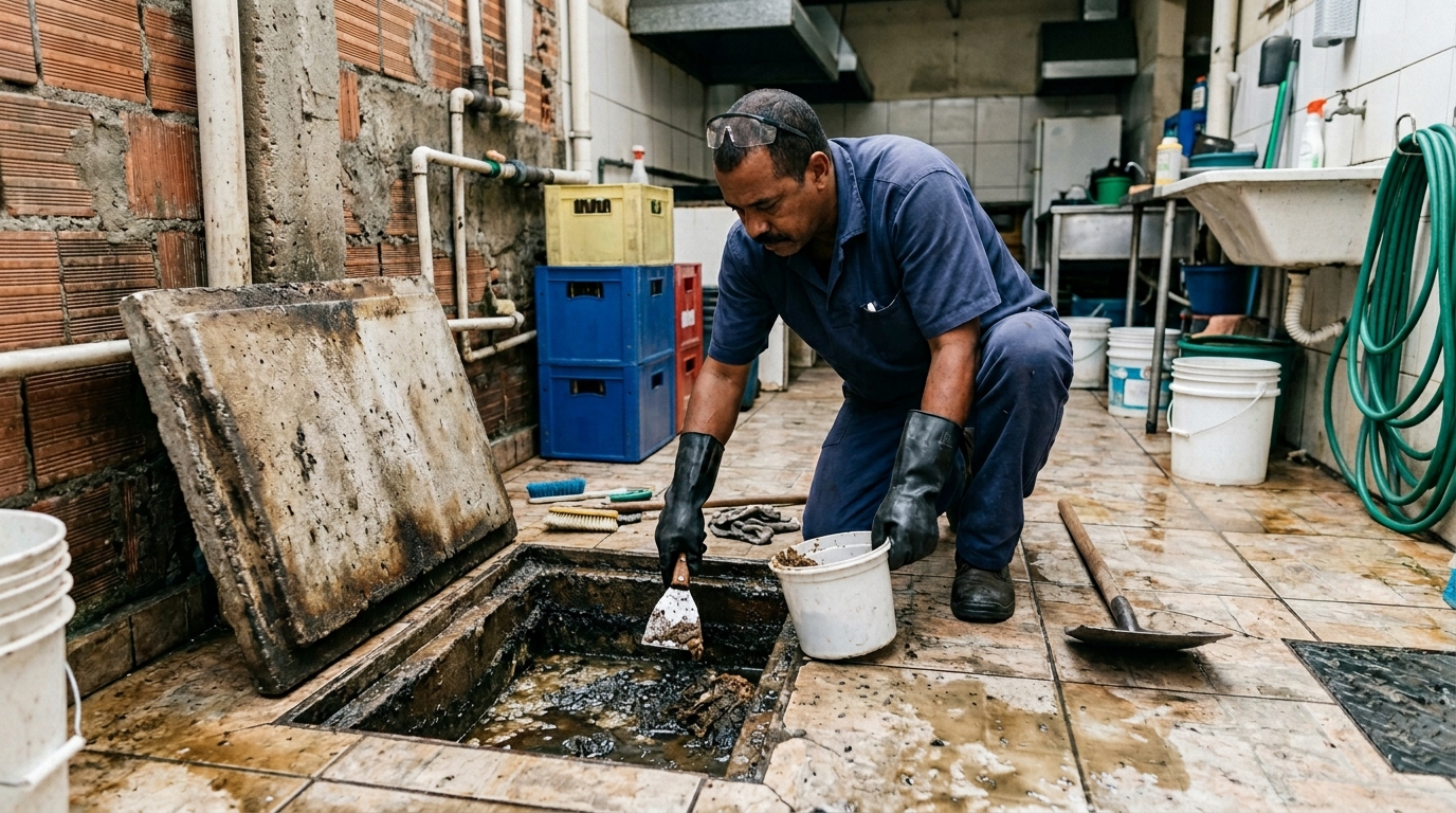 Limpeza de caixa de gordura residencial em Atibaia‑SP