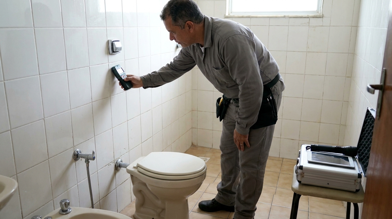 Técnico de caça vazamento analisando tubulação em Atibaia‑SP