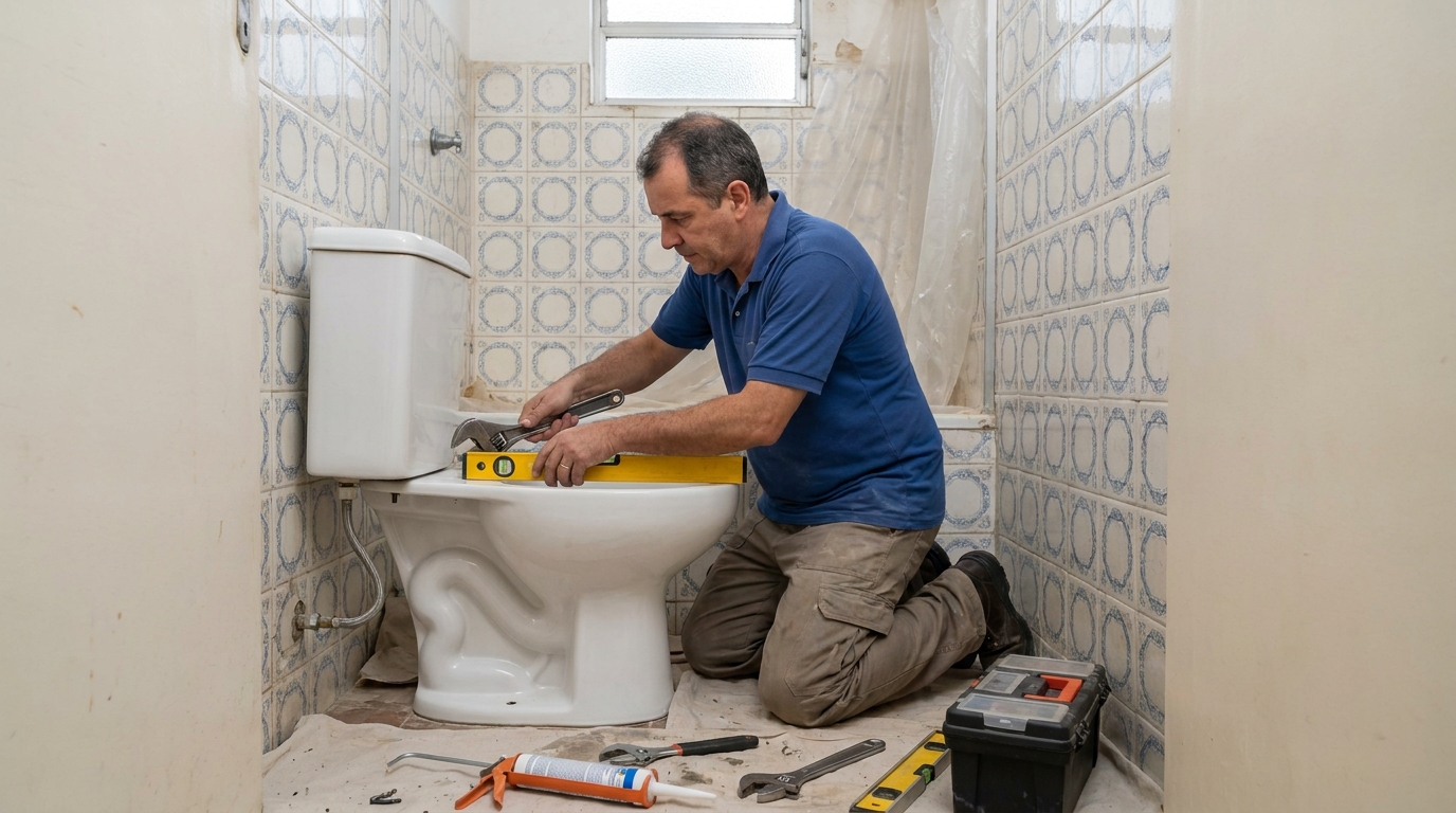 Técnico instalando vaso sanitário em Atibaia‑SP